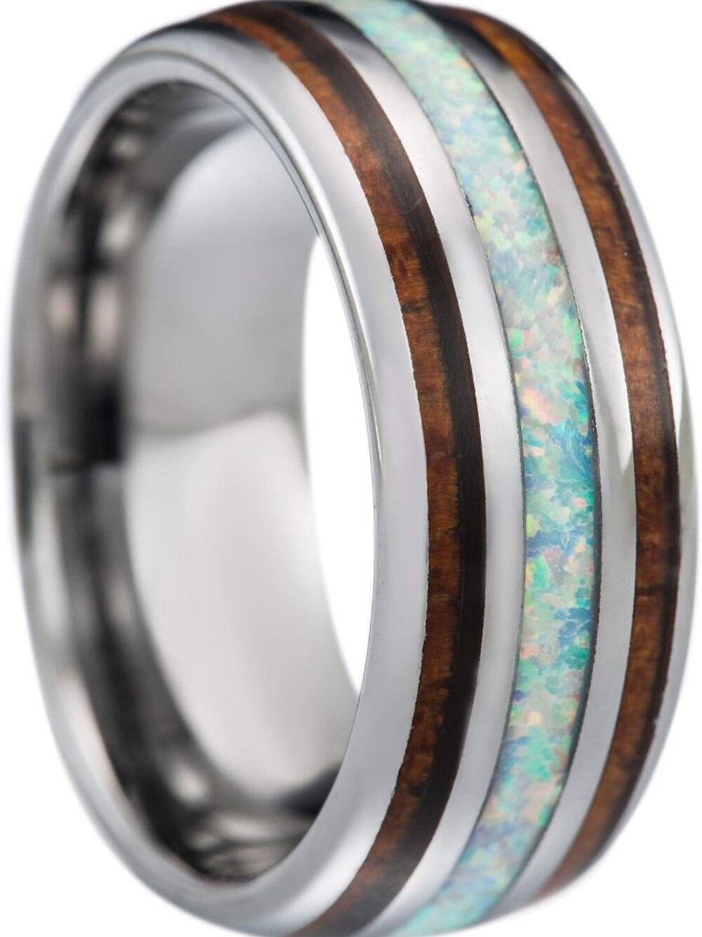 8mm Opal Tungsten Carbide Wedding Band - Hawaiian Koa Wood Comfort Fit Ring